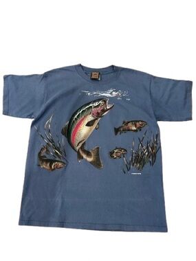Habitat Men’s Blue Trout Graphic Tee with Multicolor Fish Art Size Large
